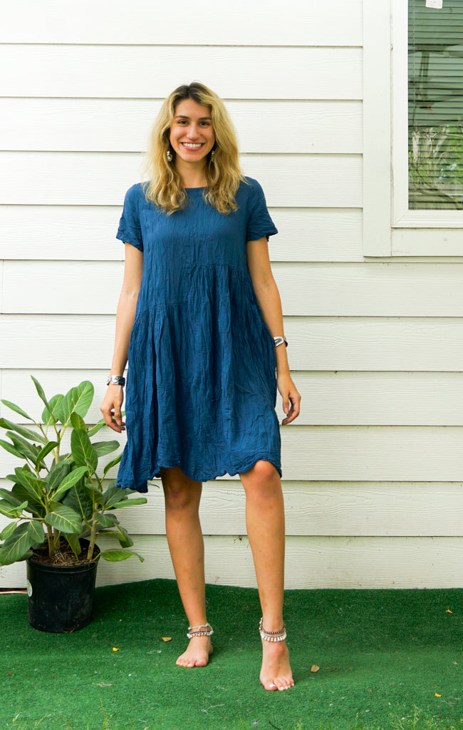 Teal Natural Raw Crinkled Cotton Midi Dress with Pocket