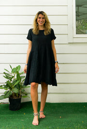 Black Raw Natural Crinkled Cotton Midi Dress with Pocket