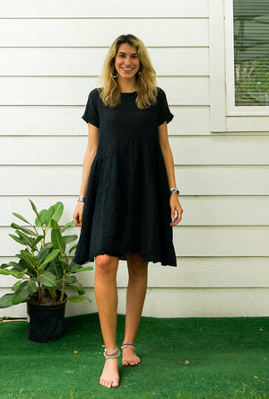Black Raw Natural Crinkled Cotton Midi Dress with Pockets