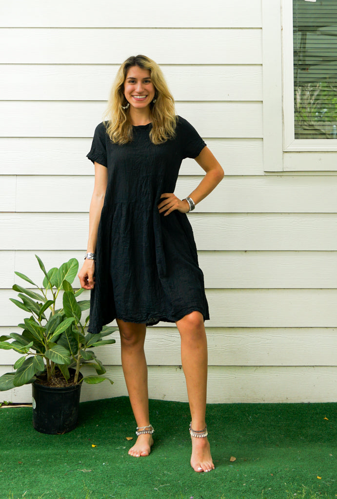Black Raw Natural Crinkled Cotton Midi Dress with Pockets