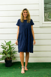 Blue Raw Natural Crinkled Cotton Midi Dress with Pocket