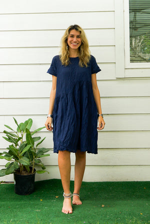 Blue Raw Natural Crinkled Cotton Midi Dress with Pockets