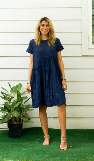 Blue Raw Natural Crinkled Cotton Midi Dress with Pockets