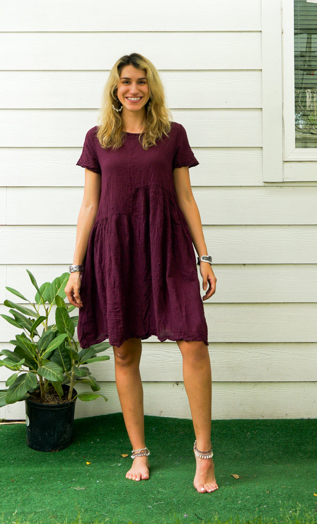 Purple Plum Natural Raw Crinkled Cotton Midi Dress with Pocket