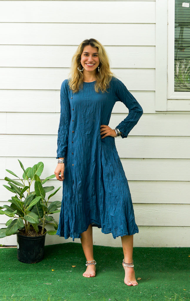 Teal Blue Raw Natural Crinkled Cotton Dress