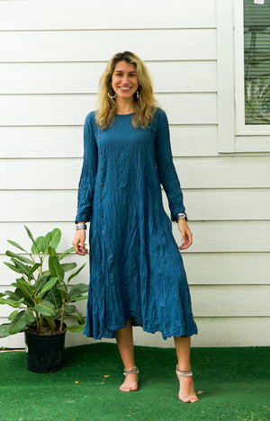 Teal Blue Raw Natural Crinkled Cotton Dress