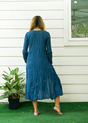 Teal Blue Raw Natural Crinkled Cotton Dress