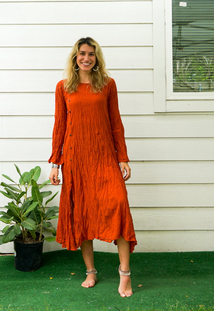 Rust Raw Natural Crinkled Cotton Dress