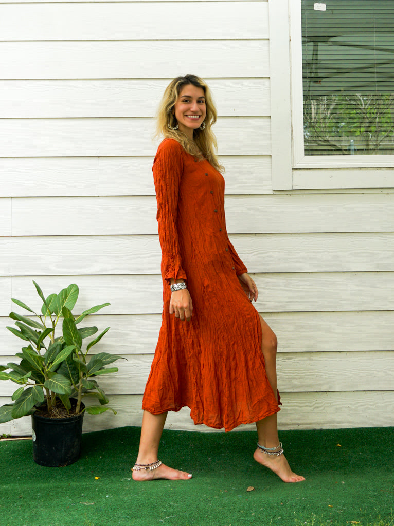 Rust Raw Natural Crinkled Cotton Dress