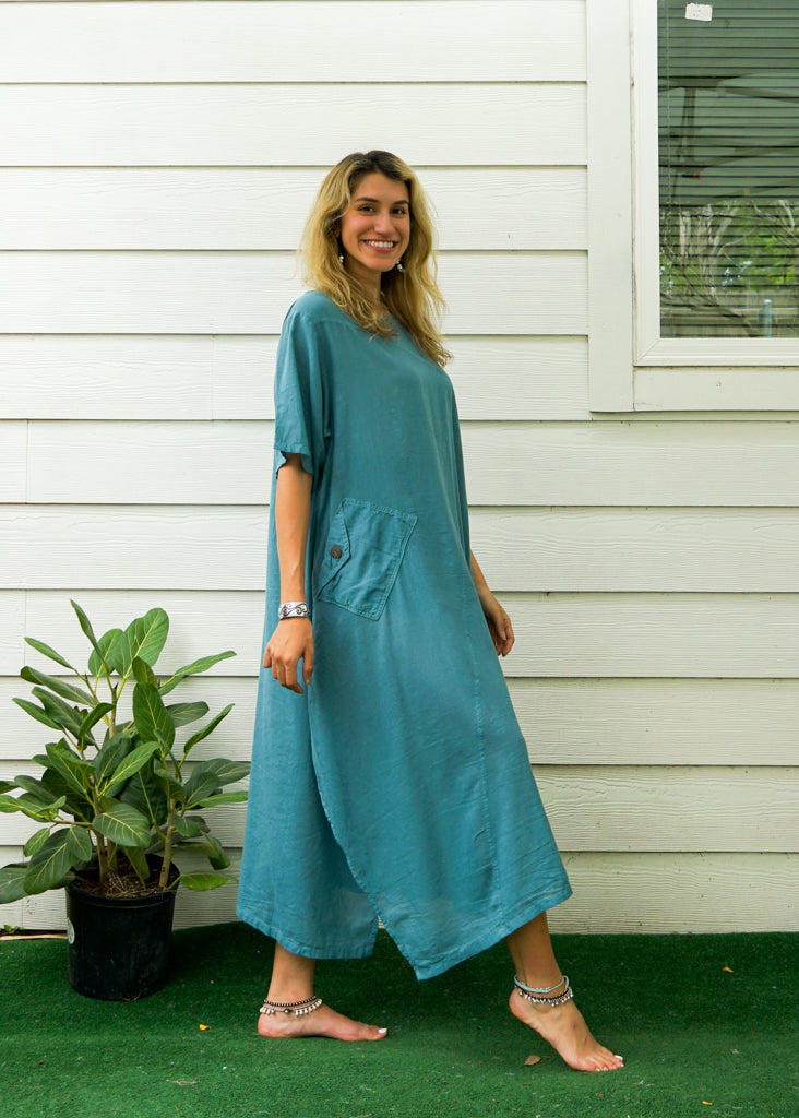 Turquoise Blue Raw Natural Cotton Gauze Dress with Pocket