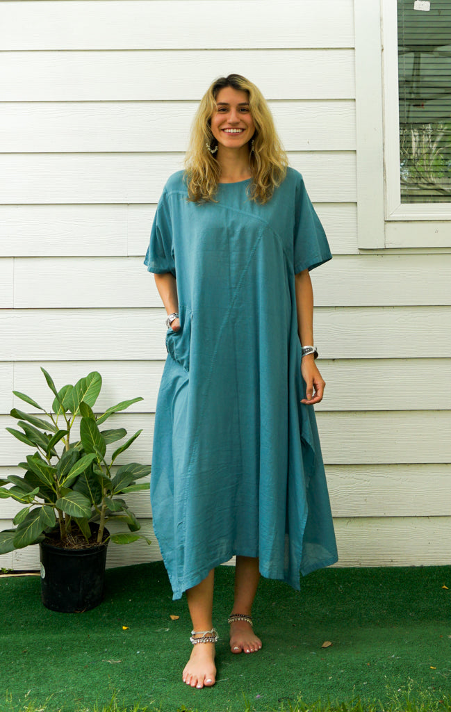 Turquoise Blue Raw Natural Cotton Gauze Dress with Pocket