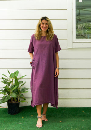 Purple Plum Raw Natural Cotton Gauze Dress with Pocket