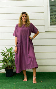 Purple Plum Raw Natural Cotton Gauze Dress with Pocket