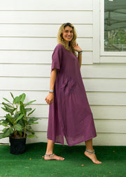 Purple Plum Raw Natural Cotton Gauze Dress with Pocket