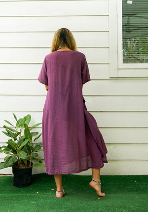 Purple Plum Raw Natural Cotton Gauze Dress with Pocket