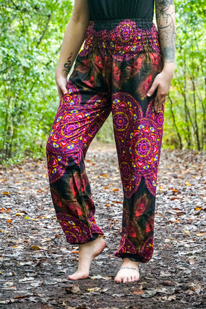 Ruby Lotus Peacock Feather Harem Pants