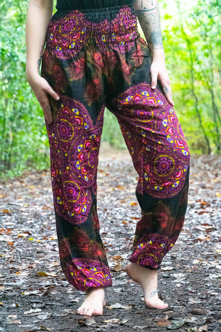 Ruby Lotus Peacock Feather Harem Pants