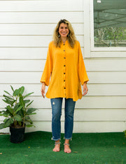 Yellow Soft Double Gauze Cotton Shirtdress with Pockets