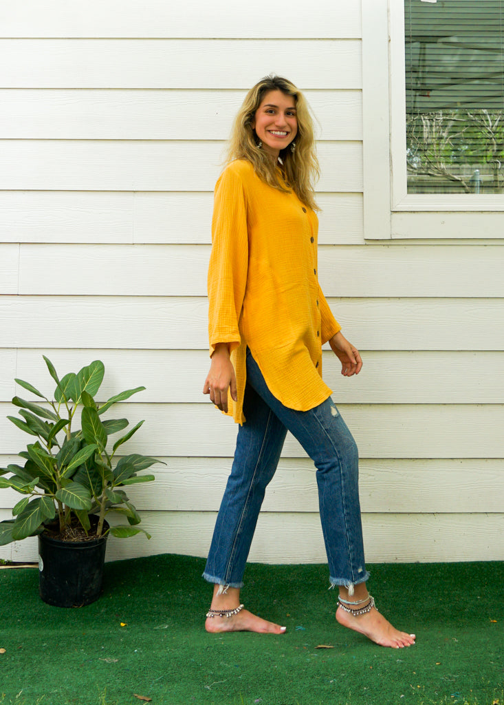 Yellow Soft Double Gauze Cotton Shirtdress with Pockets