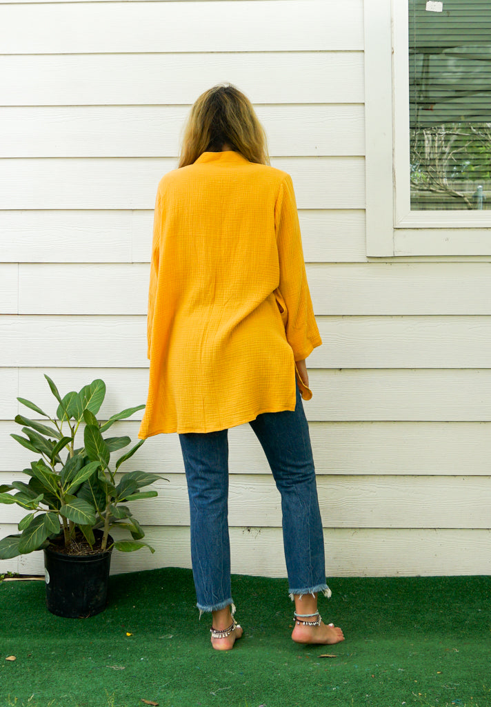 Yellow Soft Double Gauze Cotton Shirtdress with Pockets