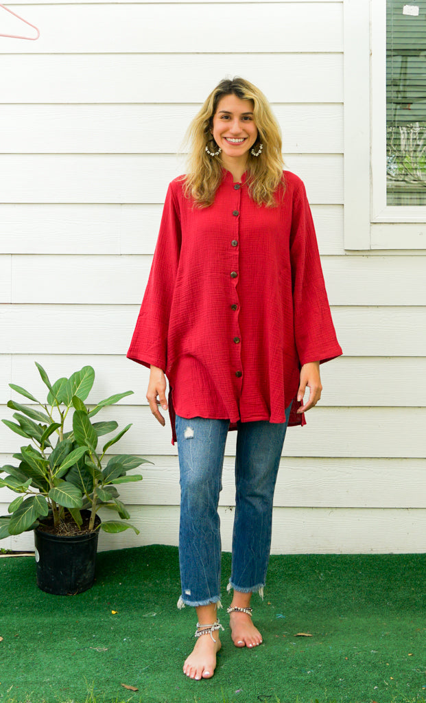 Dark Red Soft Double Gauze Cotton Shirtdress with Pockets