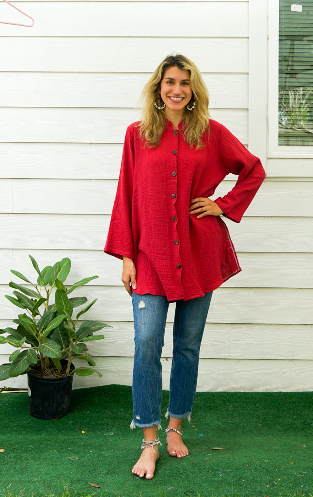 Dark Red Soft Double Gauze Cotton Shirtdress with Pockets