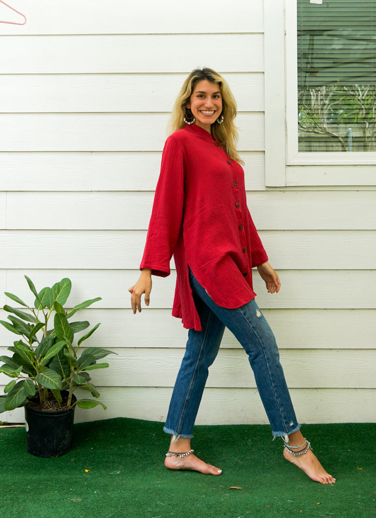 Dark Red Soft Double Gauze Cotton Shirtdress with Pockets