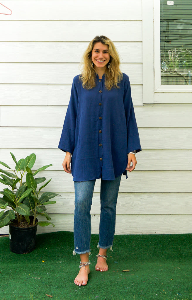 Dark Blue Soft Double Gauze Cotton Shirtdress with Pockets