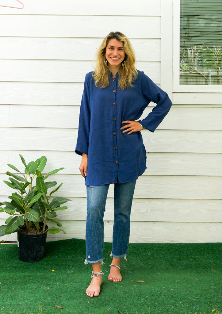 Dark Blue Soft Double Gauze Cotton Shirtdress with Pockets