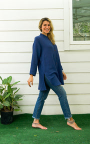 Dark Blue Soft Double Gauze Cotton Shirtdress with Pockets