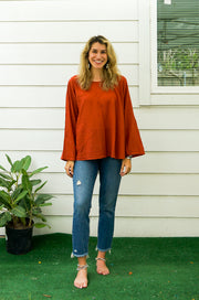 Rust Natural Raw Cotton Gauze Long Sleeve Blouse with Pocket