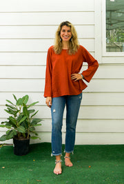 Rust Natural Raw Cotton Gauze Long Sleeve Blouse with Pocket