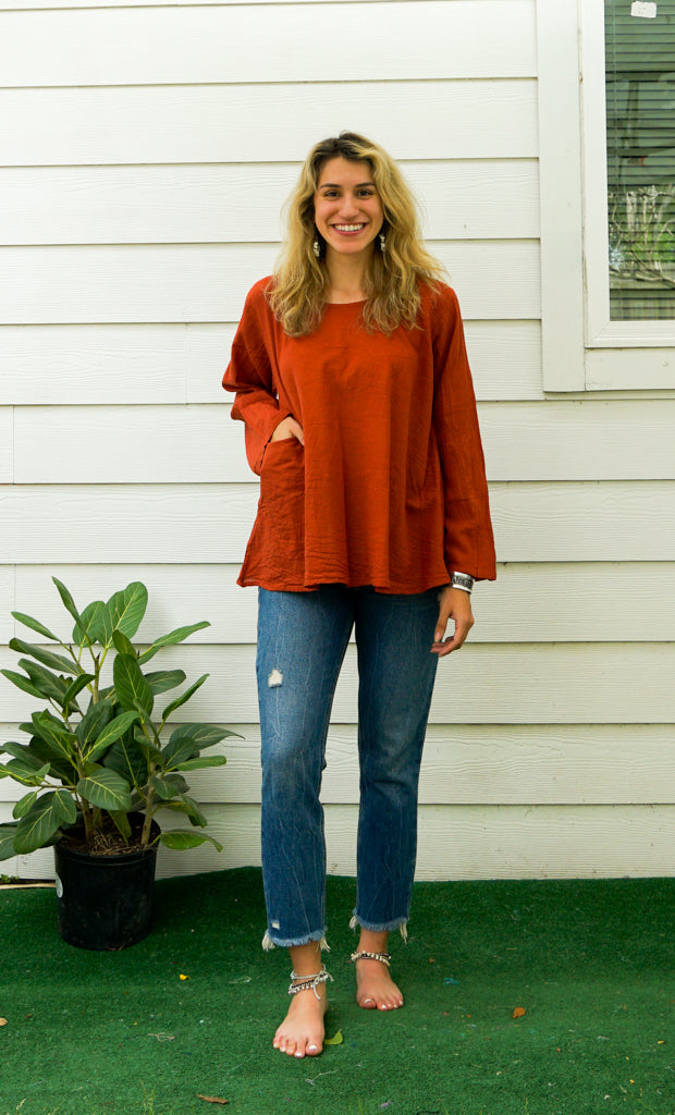 Rust Natural Raw Cotton Gauze Long Sleeve Blouse with Pocket