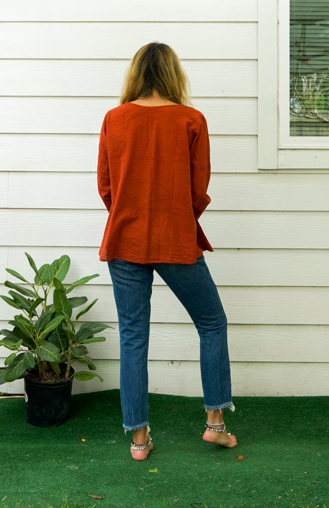 Rust Natural Raw Cotton Gauze Long Sleeve Blouse with Pocket