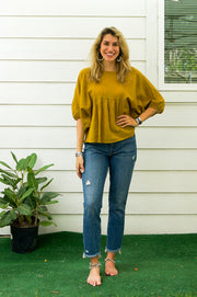 Mustard Yellow Raw Natural Crinkled Cotton Gauze Blouse