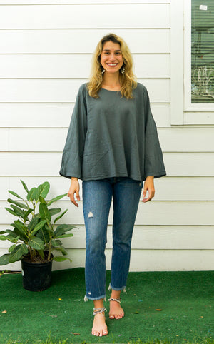 Gray Natural Raw Cotton Gauze Long Sleeve Blouse with Pocket