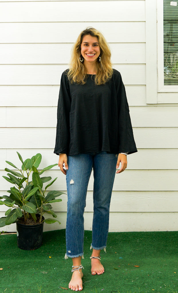 Black Natural Raw Cotton Gauze Long Sleeve Blouse with Pocket