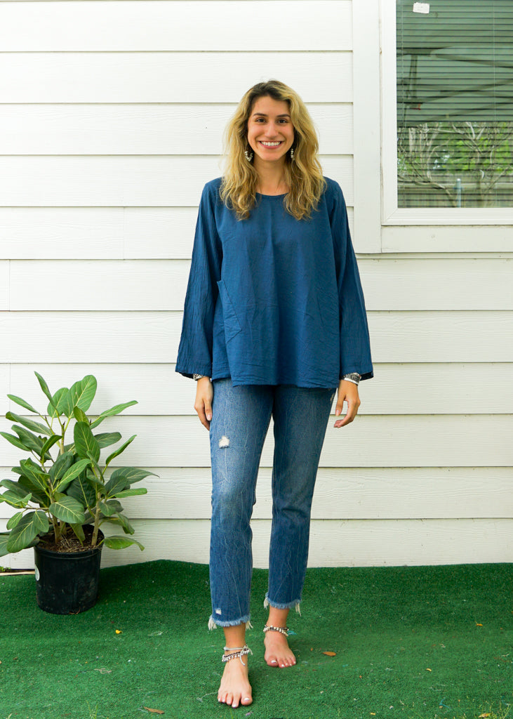 Teal Blue Natural Raw Cotton Gauze Long Sleeve Blouse with Pocket