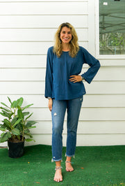 Teal Blue Natural Raw Cotton Gauze Long Sleeve Blouse with Pocket