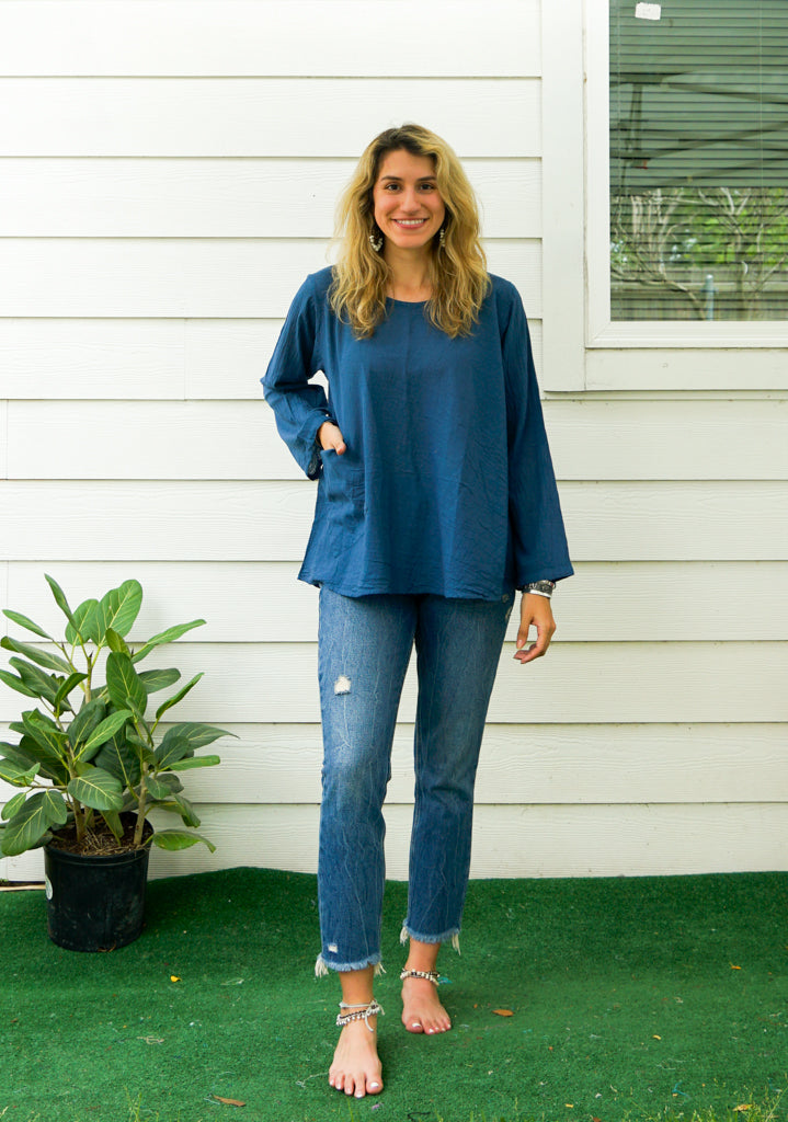 Teal Blue Natural Raw Cotton Gauze Long Sleeve Blouse with Pocket