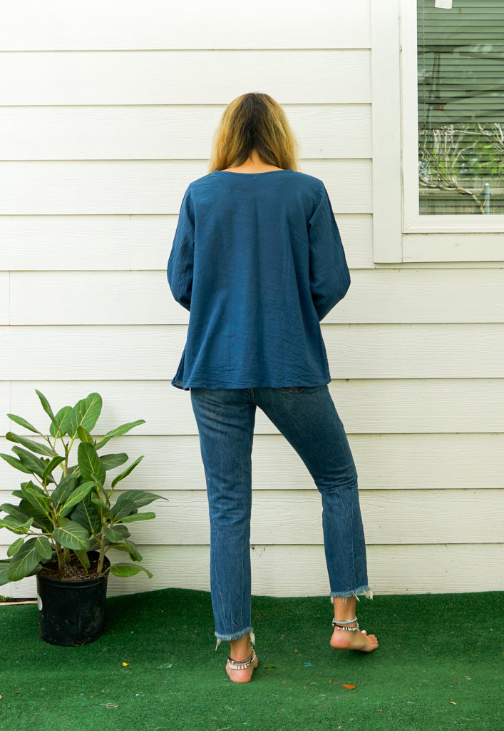 Teal Blue Natural Raw Cotton Gauze Long Sleeve Blouse with Pocket