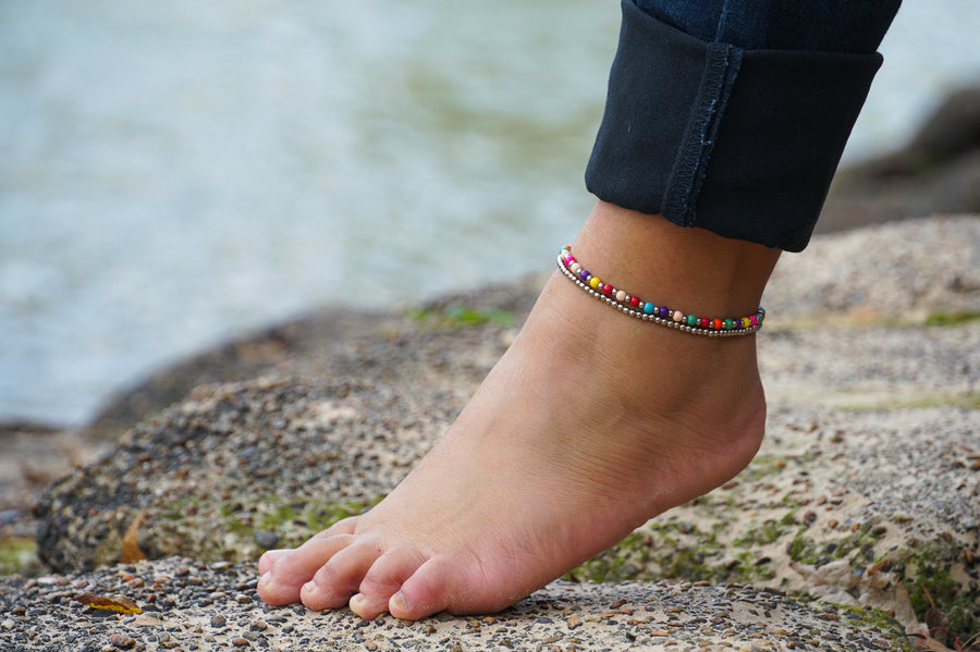 Multicolor Beads Silver Double Strands Anklet