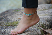 Turquoise Elephant Beads Silver Single Strand Anklet