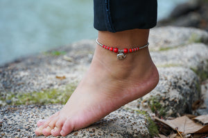 Red Elephant Beads Silver Single Strand Anklet