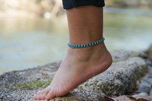 Turquoise Beads Silver Single Strand Anklet