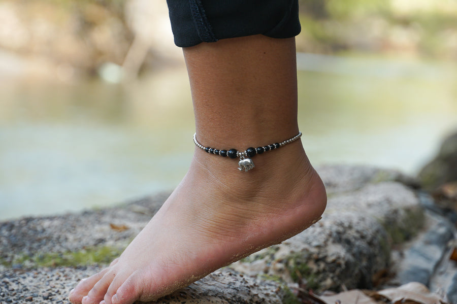 Black Elephant Beads Silver Single Strand Anklet