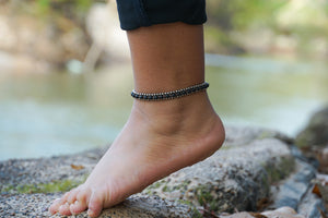 Black Beads Silver Single Strand Anklet