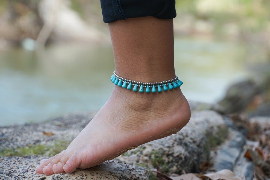 Turquoise Beads Silver Double Strands Anklet