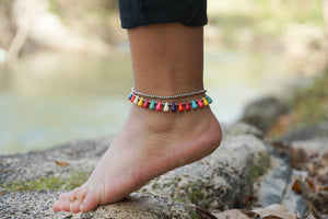 Multicolor Beads Silver Double Strands Anklet