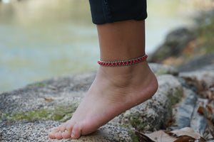 Red Beads Silver Single Strand Anklet